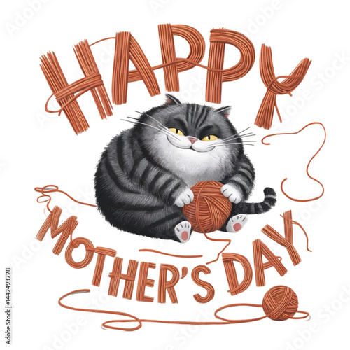 A fat gray cat playfully holds a ball of yarn, surrounded by the words “Happy Mother’s Day” in bold, colorful letters