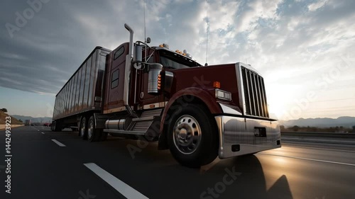 A classic American truck cruises down a sunlit highway.