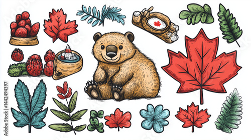 Decorative Canada Day elements featuring a bear and foliage  