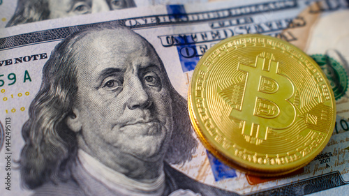 Bild auf Leinwand Bitcoin coin placed on US hundred dollar bill, cryptocurrency and traditional fi