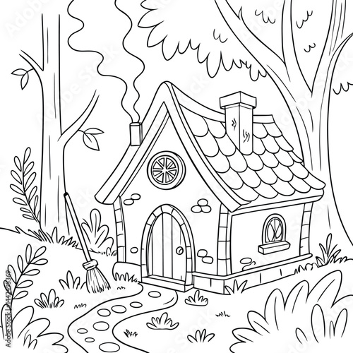 whimsical cottage House in forest Coloring Page Illustration