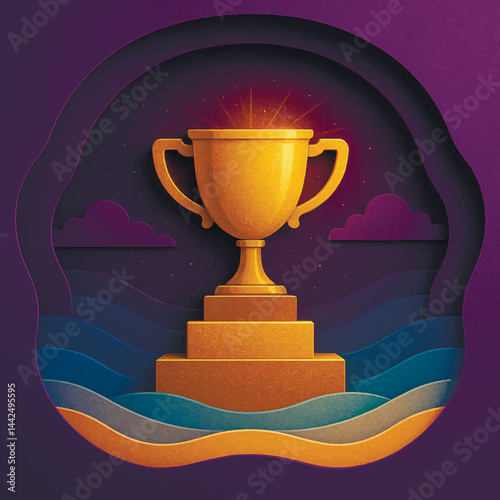 3d glowing golden trophy standing on a multi step pedestal, framed by elegant purple arches, with golden sparkles and flowing background curves. Vector layered papercut illustration with 3D effect.