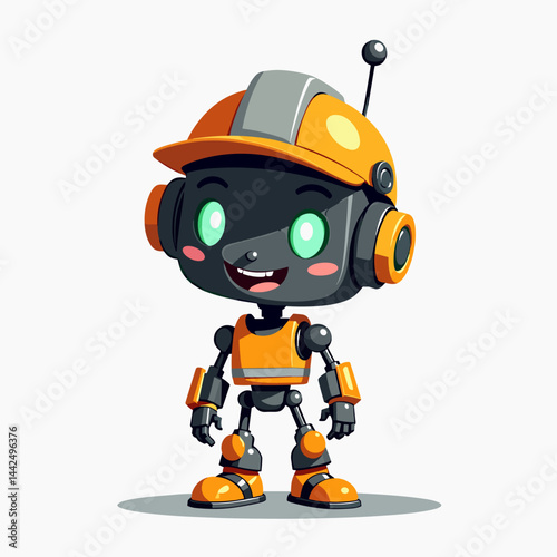 cute robot character with construction helmet for tech company mascots, engineering blogs, kids' coding websites, ai development visuals, future industry concepts