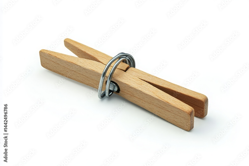 A close-up view of a wooden clothespin secured with a metal ring, resting on a plain white background, ideal for showcasing household items or laundry accessories A close-up view of a wooden clothespin secured with a metal ring, resting on a plain white background, ideal for showcasing household items or laundry accessories