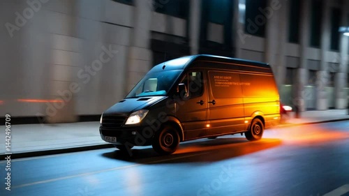 A delivery van navigates through a bustling cityscape under the glow of streetlights.