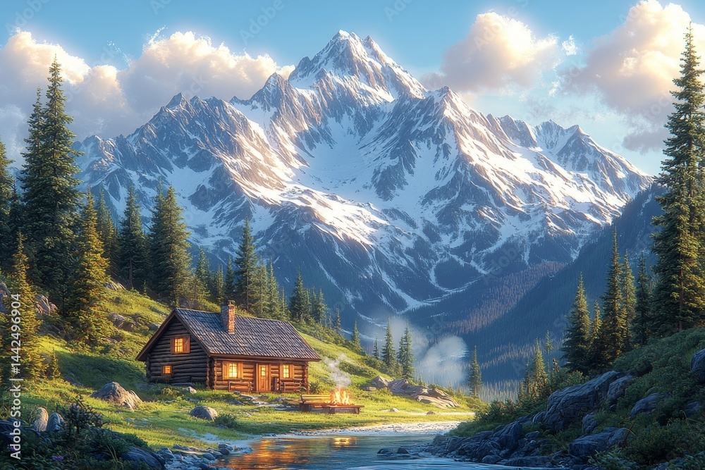 Fototapeta premium Mountain cabin sunset, campfire river