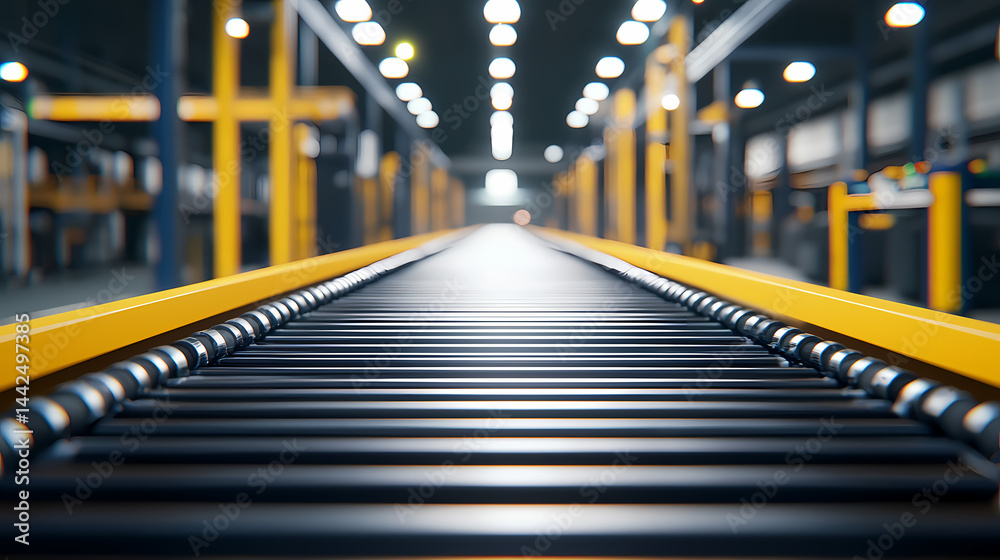 Fototapeta premium A conveyor belt in a modern factory setting, focused on the rollers with an industrial background and bright lighting.