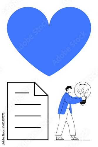 Large blue heart, rectangular document with lines, person holding lightbulb glowing with ideas. Ideal for teamwork, innovation, passion, creativity, problem-solving, collaboration communication