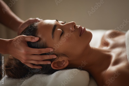 In a peaceful spa salon, a beautiful young Asian woman relaxes as she receives a rejuvenating head massage, with a candle nearby