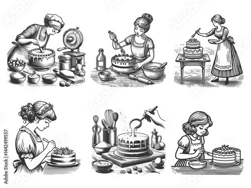 woman baking and decorating cakes, by traditional kitchen tools and ingredients Set collection bundle sketch engraving generative ai vector illustration. Scratch board imitation. Black and white image