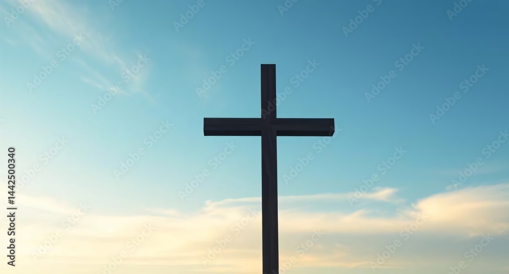 Black Christian cross against a blue sky with clouds Black Christian cross against a blue sky with clouds
