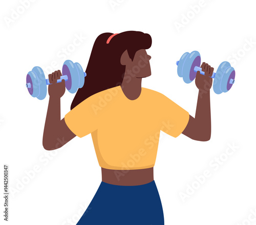 African american woman with dumbbells making sport exercises. Black skin person strength training routines focusing