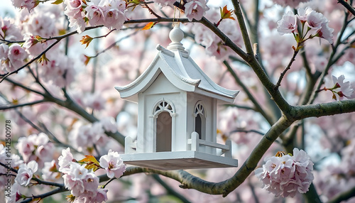 White birdhouse hanging amidst blooming cherry blossoms  
