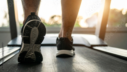 Older male senior legs with sneakers on a treadmill cardio workout for a healthy lifestyle