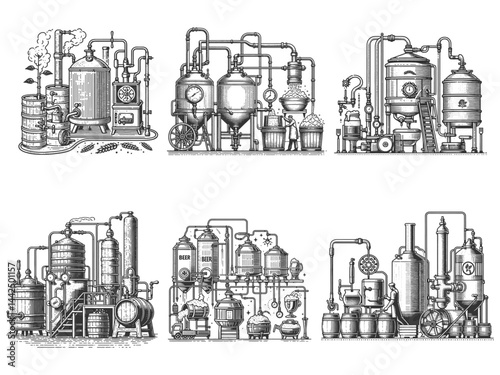 beer brewing setups, showing tanks, pipes, barrels, fermentation vessels in classic industrial arrangements Set collection bundle sketch engraving generative ai vector illustration. Black and white.