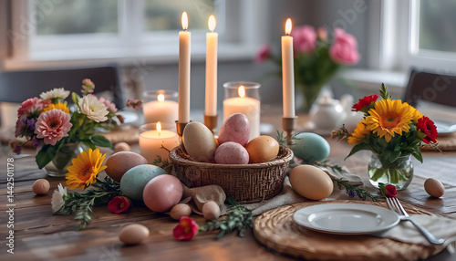 Easter table setting with decorated eggs and flowers  