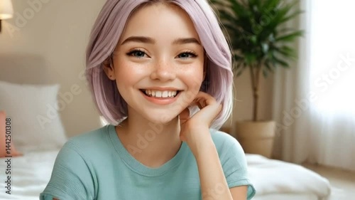 Smiling young woman indoors seamless looping 4k time-lapse animation video background