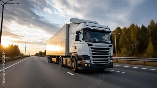 A truck hauls a shipping container down a sunlit highway.