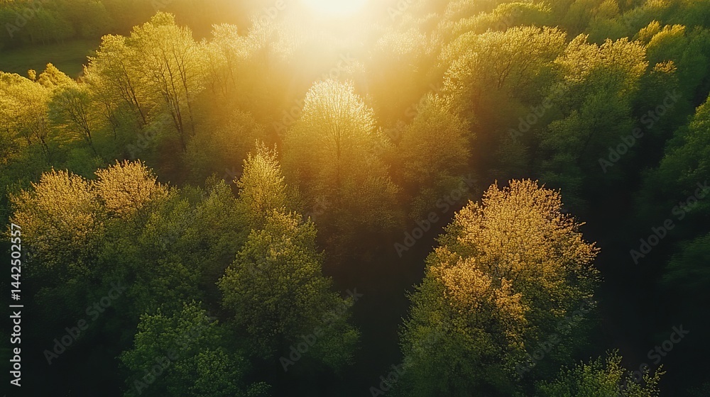 Golden sunlight illuminates lush green spring forest trees aerial view top shot down image drone Golden sunlight illuminates lush green spring forest trees aerial view top shot down image drone