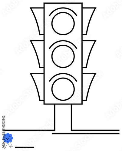 Simplistic traffic light design with three large circular lights in vertical arrangement over a pole. Ideal for transportation, safety, caution, rules, infrastructure, planning, simple landing page