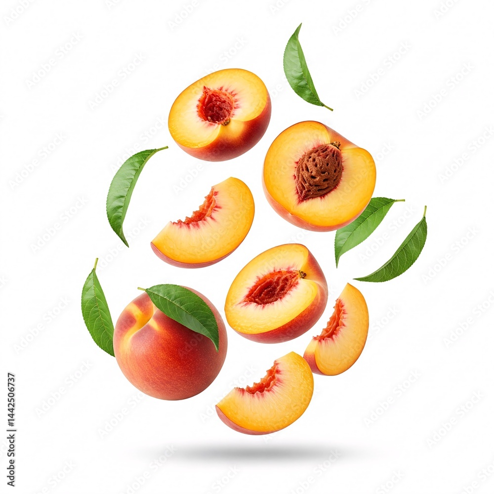 Naklejka premium Peaches, halves and slices with leaves in flight isolated on white background