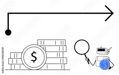 Robot examining coins with magnifier under a bold arrow symbolizing analysis, budgeting, and financial insights. Ideal for finance, investments, economy, technology, automation, robotics fintech