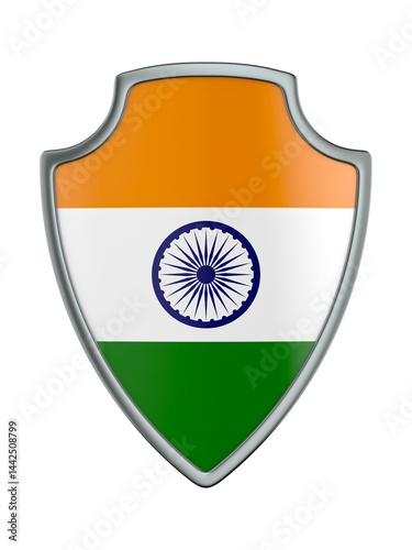 shield with India flag on white background. Isolated 3D illustration