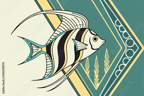 A Stylized Angelfish With Elegant Long Fins In Art Deco Style