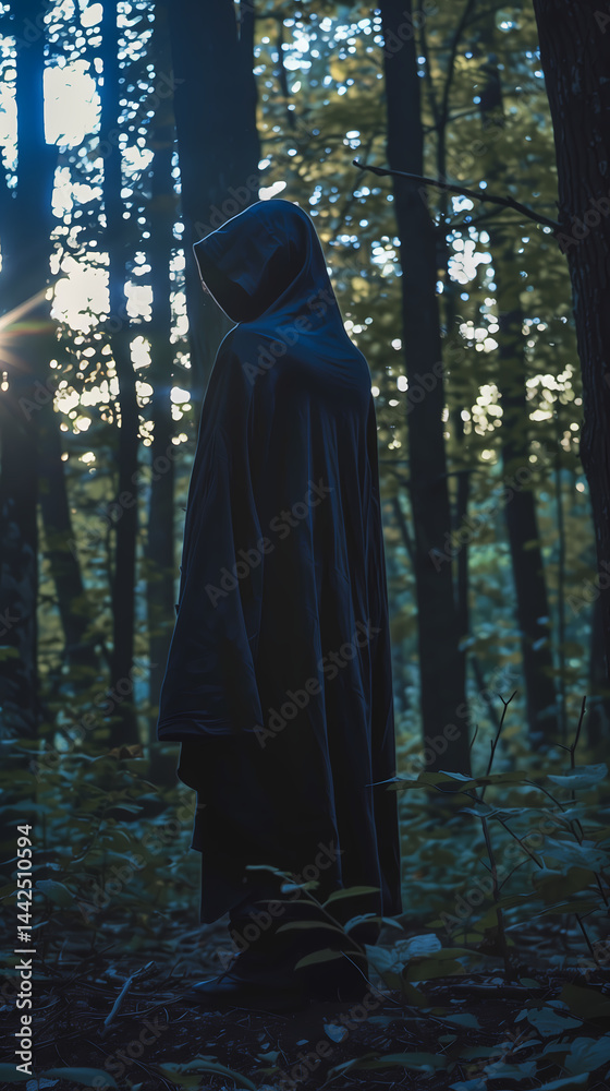 Backlit Silhouette of Model in Aura Indigo Hooded Cape at Dusk in Forest Setting
Backlit Silhouette of Model in Aura Indigo Hooded Cape at Dusk in Forest Setting