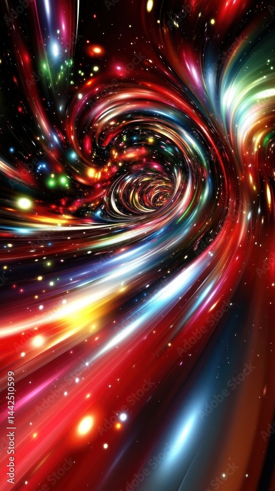 Fototapeta premium A vibrant, swirling cosmic design with colorful lights and patterns, evoking a sense of motion.