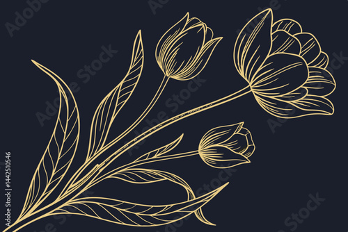 Elegant Line Art Tulip Illustration With Gold Accents