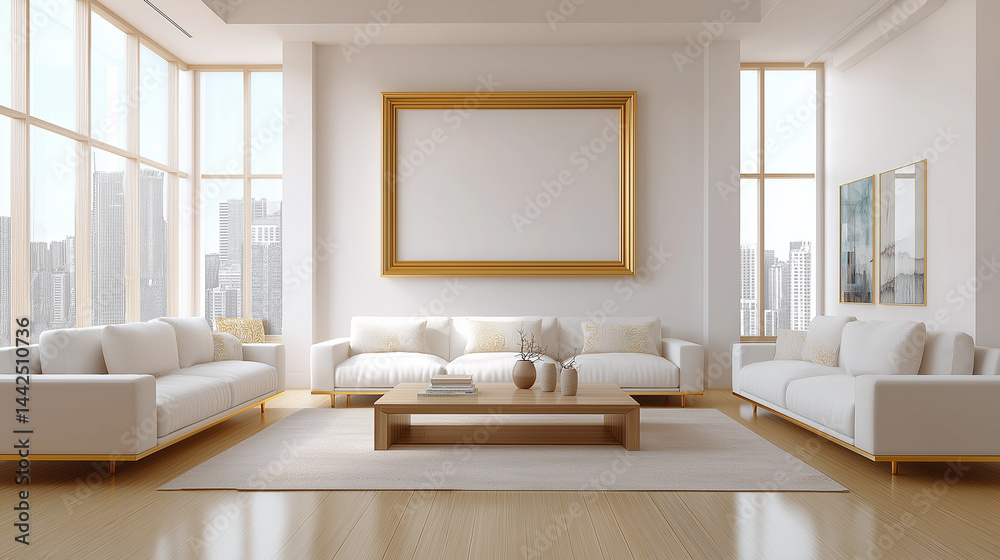 Fototapeta premium Modern luxury living room with white sofas and large gold frame in bright minimalist interior with city view