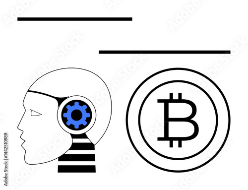 Profile of human head with blue gear symbolizing AI next to Bitcoin logo. Ideal for technology, innovation, cryptocurrency, machine learning, finance, robotics, digital economy. Flat simple metaphor