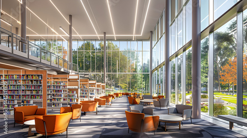 Bright library interior with bookshelves seating area and large windows overlooking a park scene