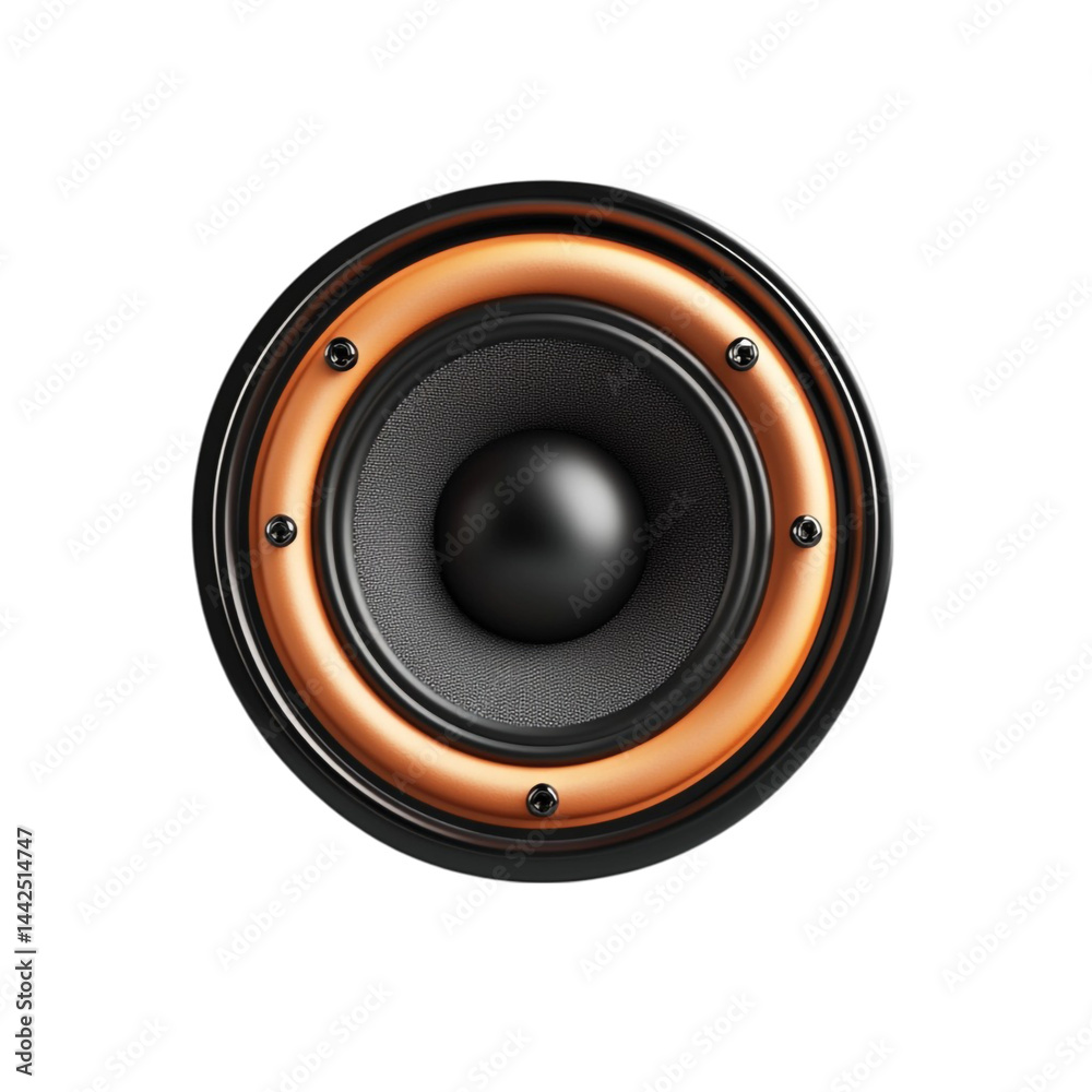 A close up view of a speaker with a copper colored surround and black cone A close up view of a speaker with a copper colored surround and black cone