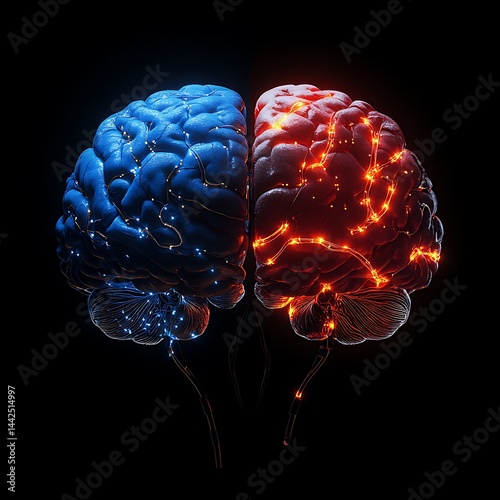 Two halves of a brain, vibrant and illuminated
