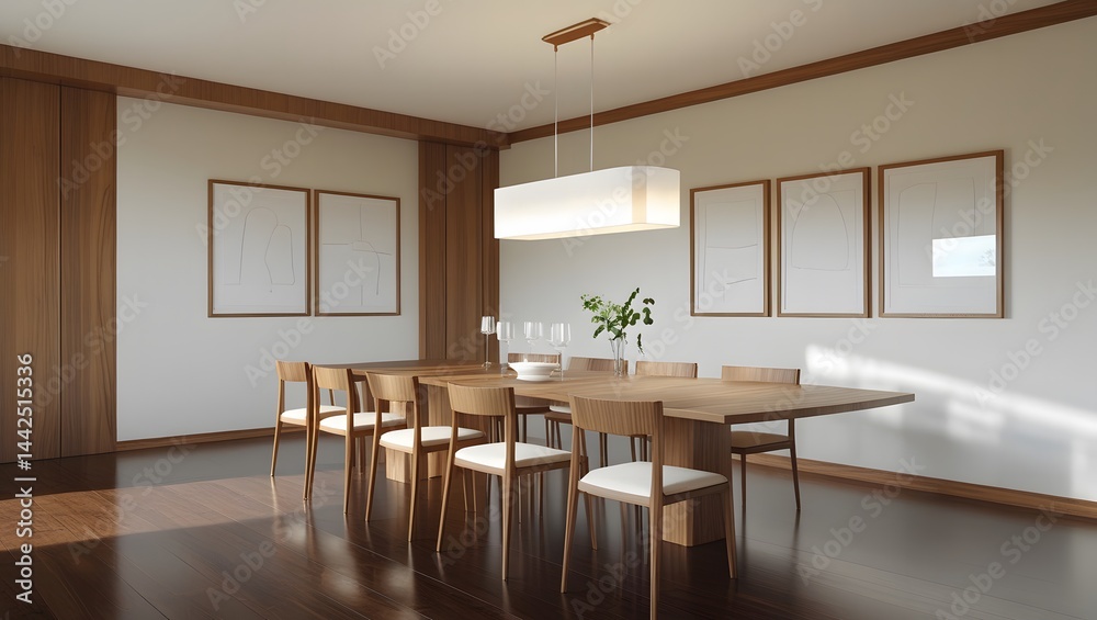 Minimalist dining room with wooden furniture and shelving featuring earthy tones and elegant table settings.