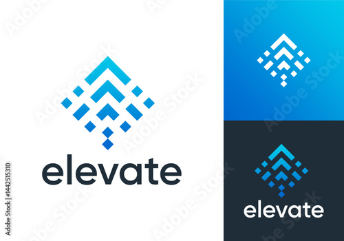 elevate logo design. arrow growth with transform square pixel digital icon vector concept