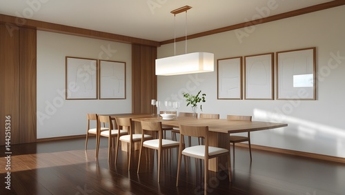 Obraz na płótnie Minimalist dining room with wooden furniture and shelving featuring earthy tones and elegant table settings. w salonie