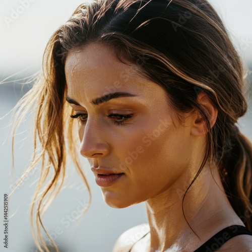Young caucasian female reflective mood outdoor close-up portrait