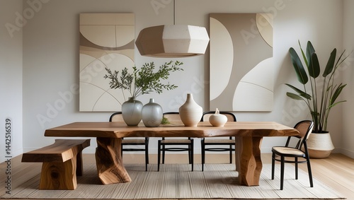 Obraz na płótnie Minimalist Scandinavian interior design of a modern living room with round dining table and elegant chairs w salonie