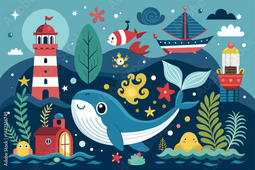Colorful illustration depicting an ocean scene with a cheerful whale, lighthouse, and playful sea creatures. Ideal for children's themes, nautical decor, and storytelling visuals.