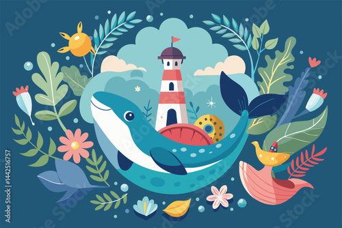 Vibrant illustration featuring a cheerful whale surrounded by foliage, a lighthouse, and playful elements. Perfect for themes of nature, marine life, and whimsical adventure.