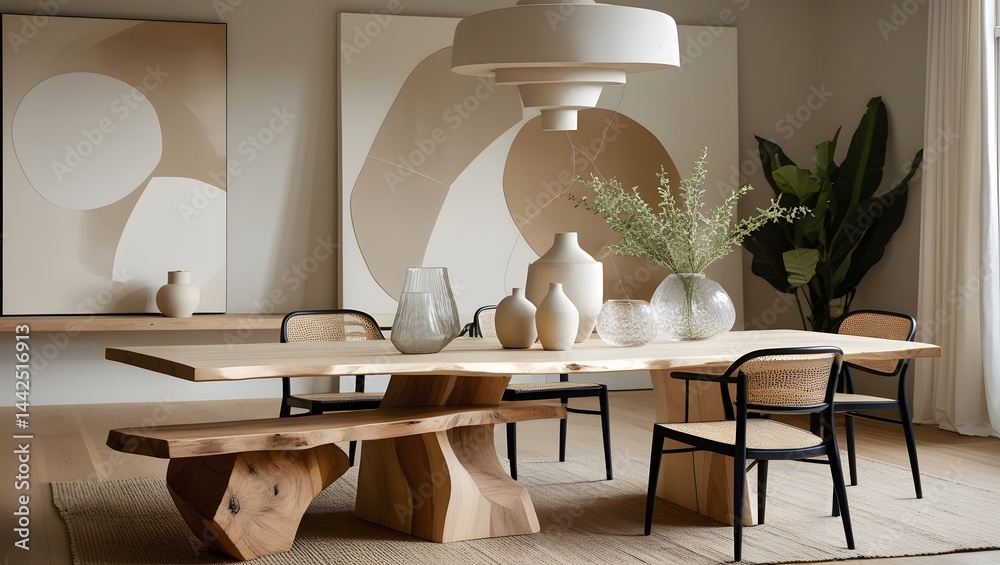 Minimalist Scandinavian interior design of a modern living room with round dining table and elegant chairs
