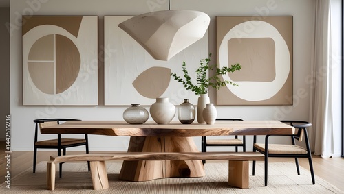 Obraz na płótnie Minimalist Scandinavian interior design of a modern living room with round dining table and elegant chairs w salonie