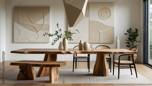Minimalist Scandinavian interior design of a modern living room with round dining table and elegant chairs