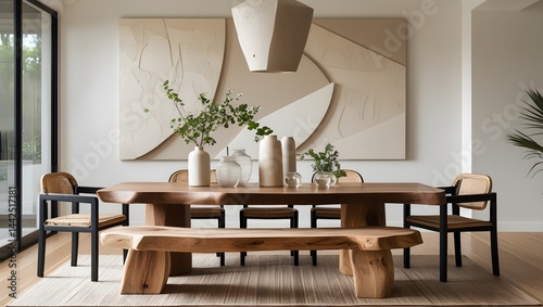 Obraz na płótnie Minimalist Scandinavian interior design of a modern living room with round dining table and elegant chairs w salonie