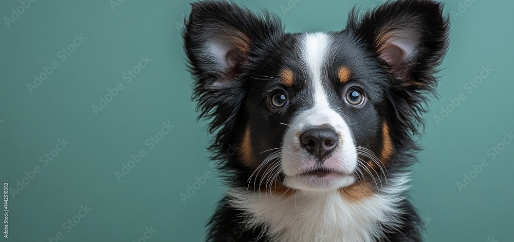 Adorable Mini Aussie Puppy Portrait Against Teal Background Adorable Mini Aussie Puppy Portrait Against Teal Background