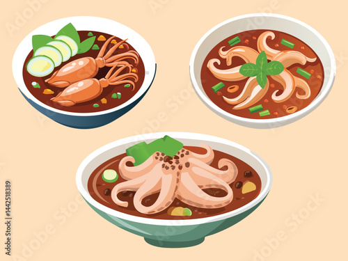vector illustration of a filipino food Adobong Pusit (Squid Cooked in Vinegar and Soy Sauce)
