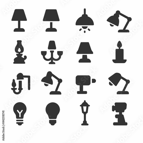 Set of black lighting icons including table lamps, ceiling lamp, desk lamp, oil lamp, chandelier, candle, wall lamp, light bulb, street lamp, spotlight, and modern lamp designs black silhouette illust